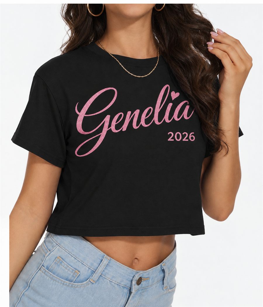 Black crop top with 'Genelia 2026' in pink glitter script